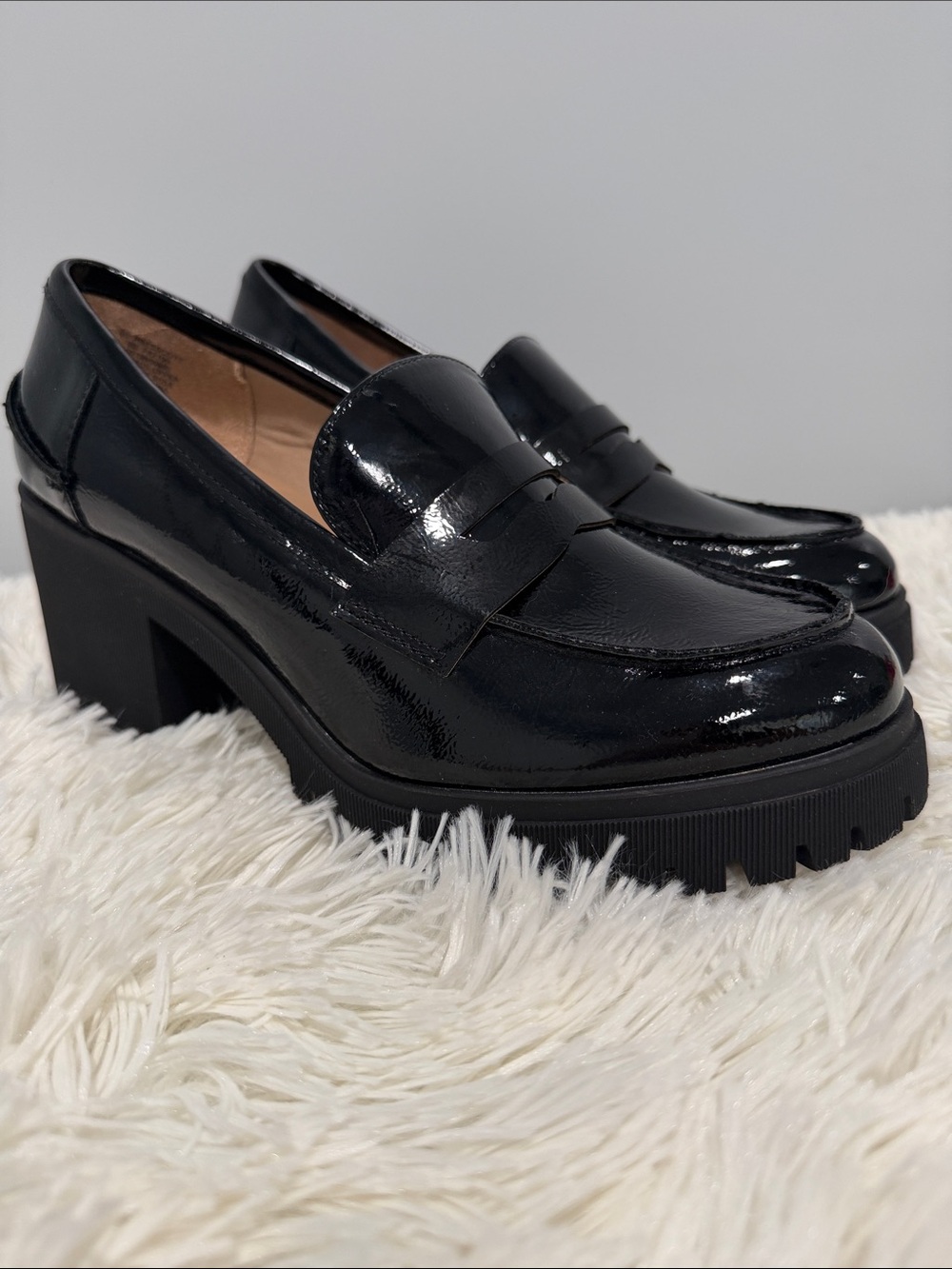 Sun + Stone Black Patent Platform Penny Loafers